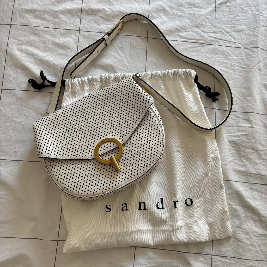 Sandro Pepita White Leather Perforated Shoulder Bag